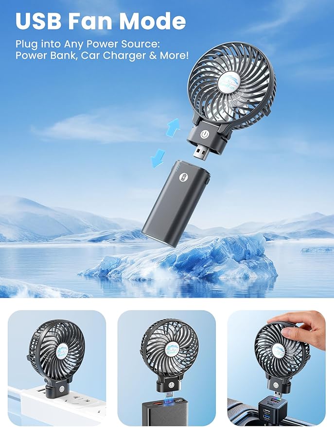 HandFan 5200mAh Portable Handheld Fan, Personal Hand Held Fan USB Rechargeable, 180° Foldable,3 Speeds Strong Airflow Cooling Fan for Travel/Outdoors/Beach/Concerts/Disney/Games/Picnics/Park (Black)
