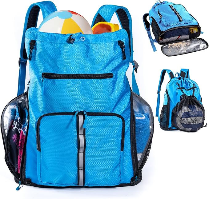 Large Beach Backpack Waterproof Sandproof - Customized Oversized Drawstring Pool Bag with Shoe Compartment for Toiletries, Towels, Gym, Travel