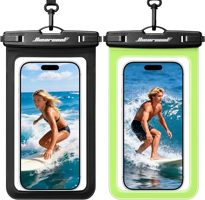 Hiearcool Waterproof Phone Pouch,Waterproof Phone Case for iPhone 17 16 15 14 13 Pro Max Plus up to 8.3",IPX8 Cellphone Dry Bag for Beach Cruise Travel Black&Olive Green-2Pack
