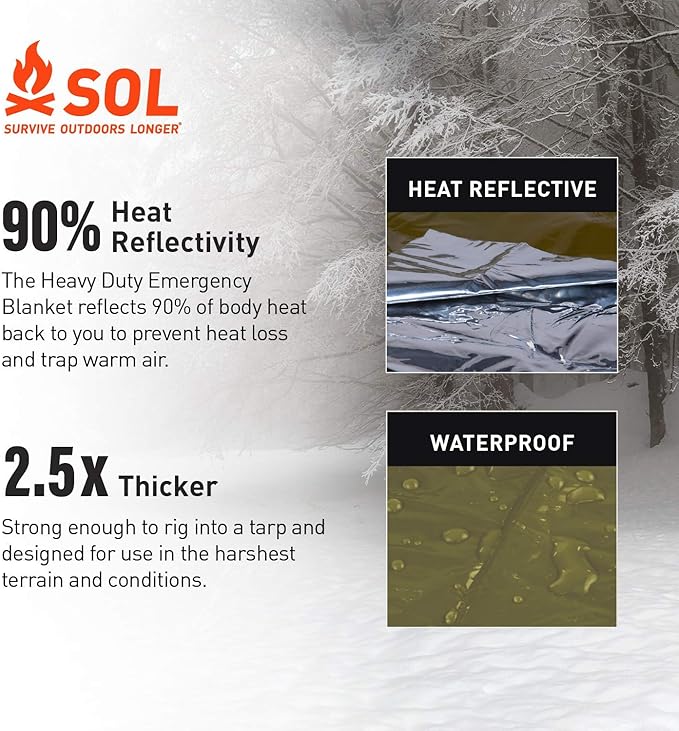 S.O.L. Survive Outdoors Longer 90% Heat Reflective Heavy-Duty Emergency Blanket - Thick, Rugged for Disaster Preparedness Kit - Waterproof, Windproof, Tear-Resistant - 58" x 98", 3.2 oz, Green