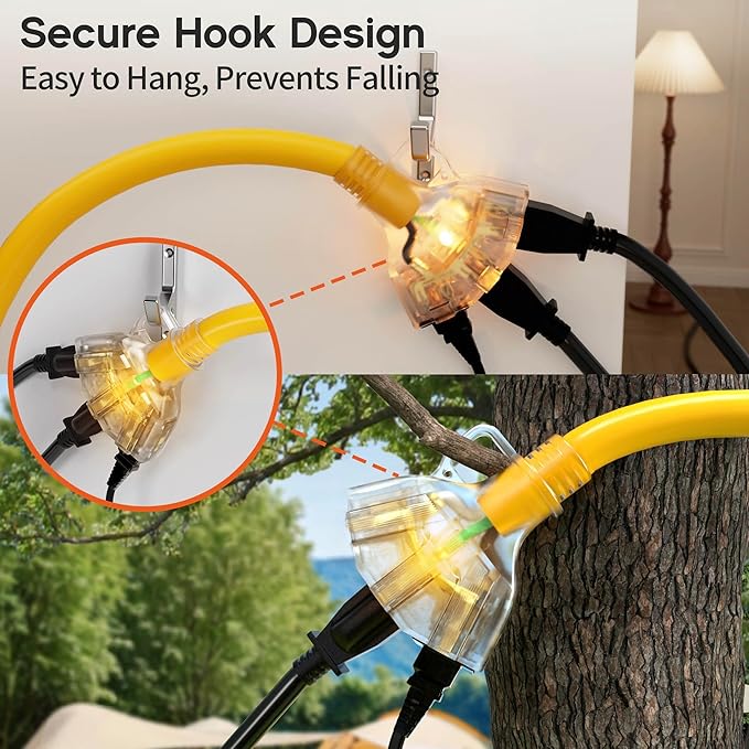 3 ft 12 Gauge Heavy Duty 3 Outlet Extension Cord Splitter with Indicator, Waterproof Outdoor Extension Cord with Multiple Outlets, 15A 1875W for Workshop, ETL Listed, Yellow SJTW, 2 Pack