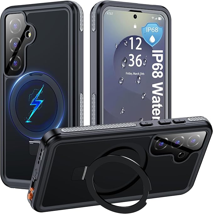 ANTSHARE IP68 Waterproof Case for Samsung Galaxy S25 [2025] - with Kickstand - MagSafe Compatible, Built-in Screen/Lens Protector - Shockproof Full Body Protection for Swimming/Outdoor, Black