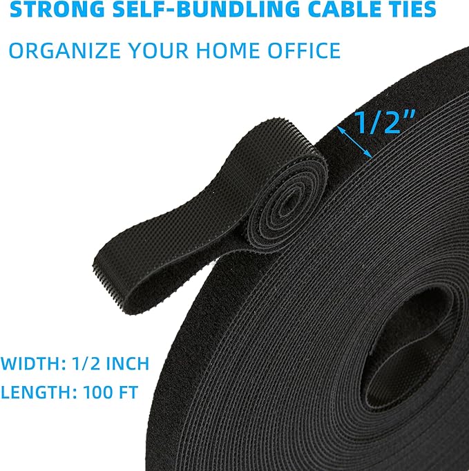 100 ft x 1/2 inch Hook and Loop Roll, Reusable Fastening Cable Ties, Multi-Purpose Cable Management Wire Ties Cable Straps for Organizing Home, Office and Data Centers