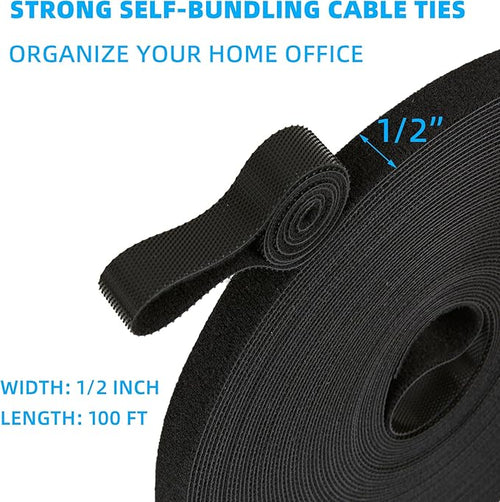 100 ft x 1/2 inch Hook and Loop Roll, Reusable Fastening Cable Ties, Multi-Purpose Cable Management Wire Ties Cable Straps for Organizing Home, Office and Data Centers