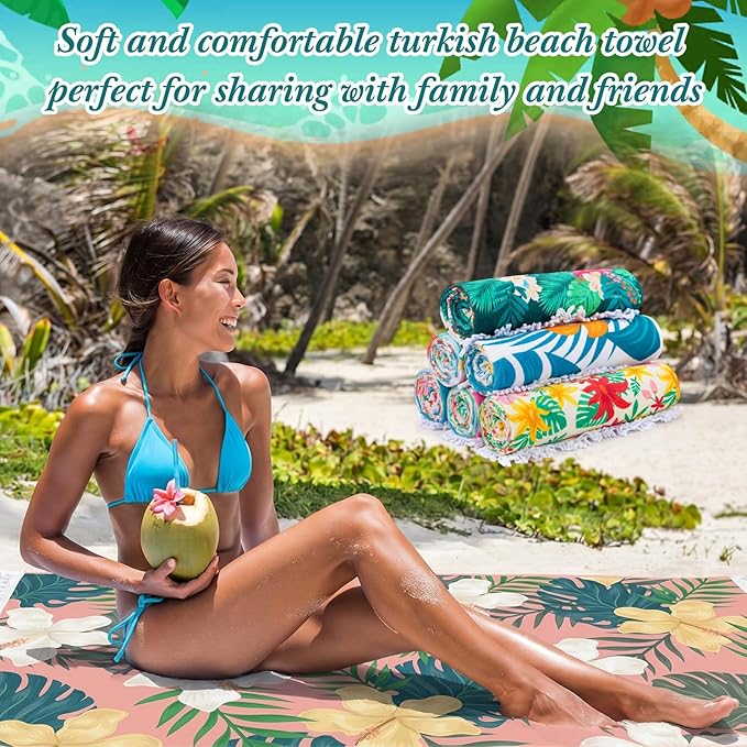 Peryiter 24 Pack Microfiber Oversize Turkish Beach Towel Set 12 Large Absorbent Beach Towels with 12 Storage Bag 28 x 55 Quick Dry Lightweight Bath Towel Blanket for Hawaii Camp Swim Pool(Hibiscus)