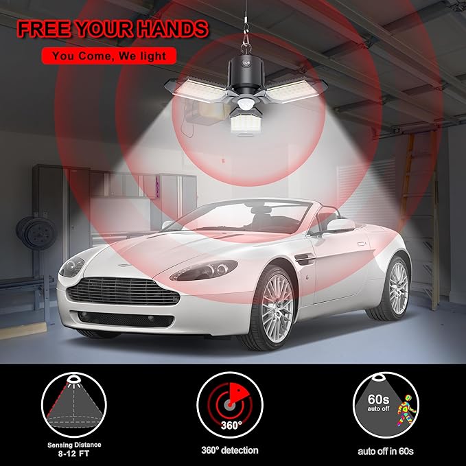 Plug in Garage Light Motion Sensor, 80W 8000LM Motion Sensor Lights Indoor, Deformable LED Shop Motion Activated Bulb for Basement, Warehouse, Barn(1 Pack)