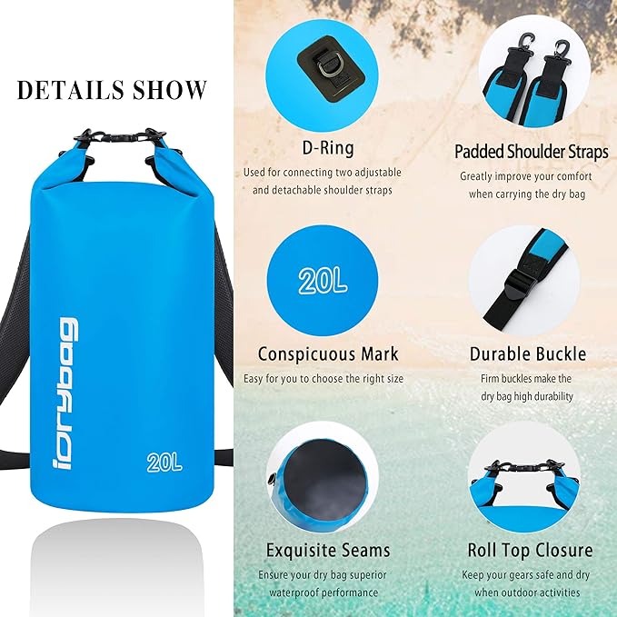 IDRYBAG Dry Bag for Kayaking Waterproof 2L/5L/10L/15L/20L, Small Dry Sack Waterproof Bag for Boating