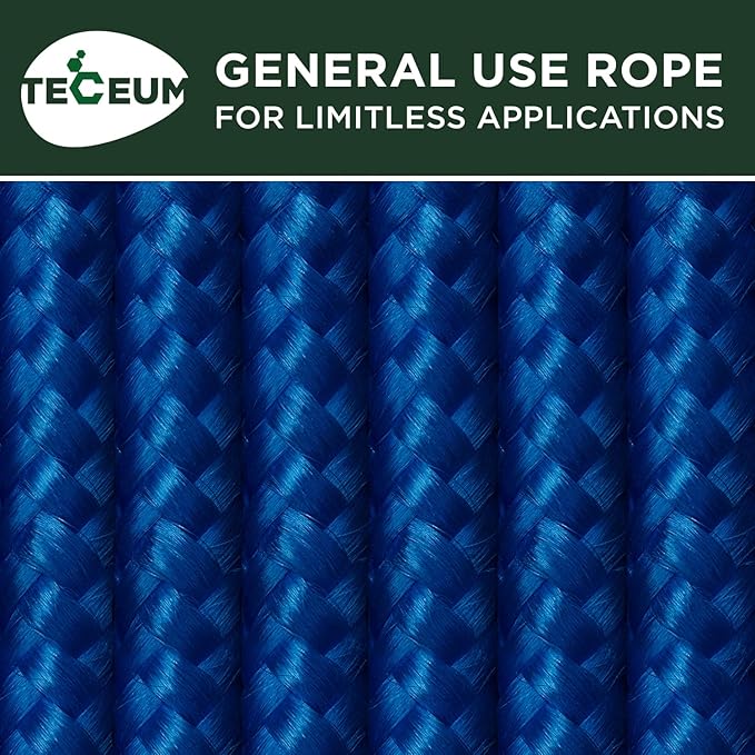 TECEUM Rope – 90 Feet x 3/8 Inch (10mm) – Blue – Strong All-Purpose Utility Rope – Camping, Crafting, Flag Pole, Indoor & Outdoor – Polypropylene Nylon Poly Lightweight Diamond Braided Cord