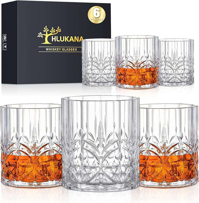Hlukana Unbreakable Plastic Whiskey Glasses Set of 6, 14 Oz Old Fashioned Glasses for Scotch Cocktail Rum Bourbon Vodka Liquor, Unique Gifts for Men, Reusable, Clear, BPA-free, Dishwasher Safe