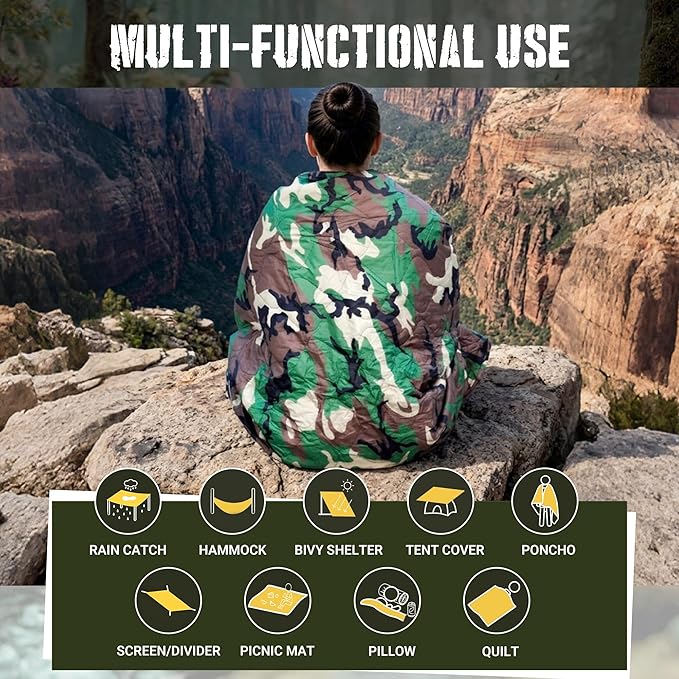 Lenotos Woobie Blanket, Thermal Insulated Military Poncho Liner, Water-Resistant, Portable, Insulation, for Hiking, Survival with Compression Carry Bag (Forest)