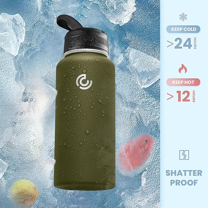 COKTIK 32oz Sports Water Bottle, Stainless Steel Water Bottle for Insulated, Reusable Travel Bottle, With Straw, With Handle Grip for Easy Carrying, Suitable for Cycling, Outdoor Vacations(Army Green)
