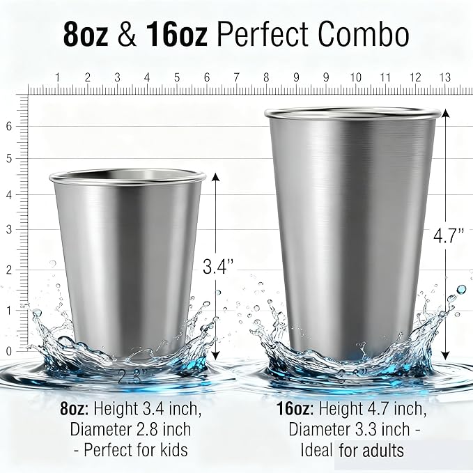 Stainless Steel Cups & Pint Tumblers Set of 8 - 4 Pack 8 oz + 4 Pack 16 oz Stackable, BPA Free Unbreakable 304 Metal Drinking Glasses for Children & Adults, Indoor Outdoor Picnic Travel Camping