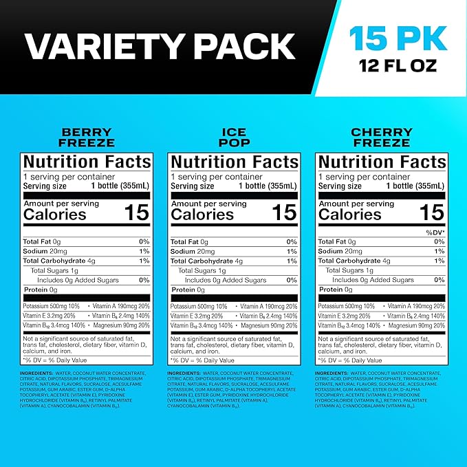 PRIME HYDRATION Variety, Berry Freeze, Cherry Freeze, & Ice Pop Sports Drinks, Electrolyte Enhanced to Replenish Fluids, Zero Added Sugar, B Vitamins, Antioxidants, Natural Flavors, 12 Fl Oz, 15 Pack