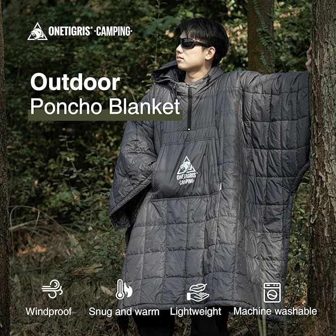 ONETIGRIS Camping Blanket Poncho with with Recycled Synthetic Insulation,Wearable Hoodie Blanket | Ultralight Water-Resistant Warm Camping Blanket for Outdoor, Hiking, Stadium