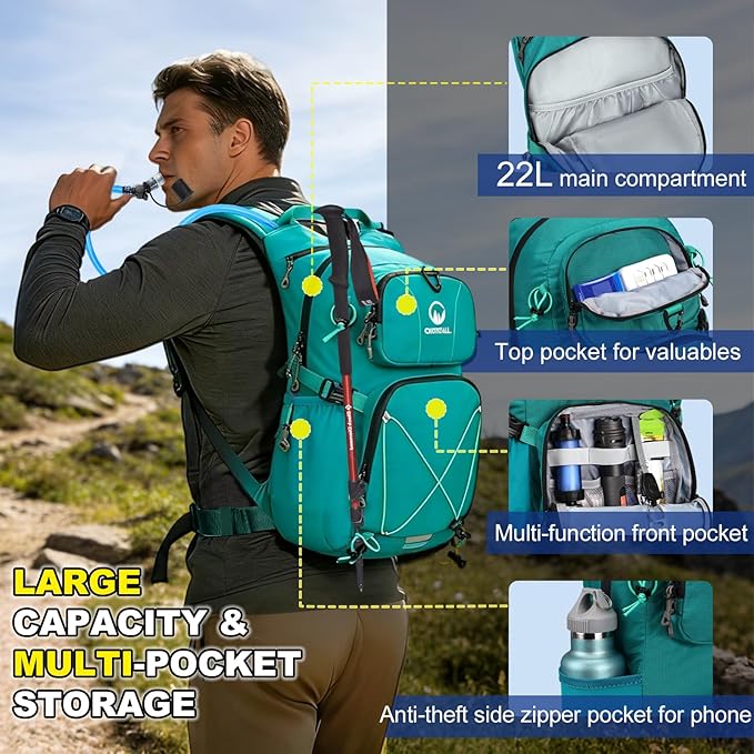 Hydration Backpack 22L, Hiking Backpack with 2L Leakproof Bladder, Sewn-in Rain Cover, Insulated Compartment for Men & Women Running, Cycling, Camping