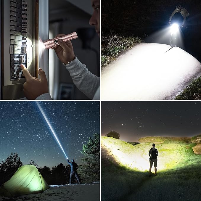 WdtPro LED Rechargeable Flashlight 2 Pack, Super Bright Zoomable 6000 Lumens Tactical Flashlight with LCD Digital Display, 3 Mode Waterproof Flash Light for Camping, Hunting & Home Emergency - Pink