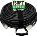 POWGRN 150 Ft 10AWG Black Outdoor Extension Cord Waterproof Heavy Duty 10 Gauge 3 Prong, Flexible Cold-Resistant Long Power Cord Outside with Lighted Indicator End, 15Amp 1875W SJTW ETL Listed