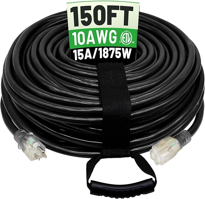 POWGRN 150 Ft 10AWG Black Outdoor Extension Cord Waterproof Heavy Duty 10 Gauge 3 Prong, Flexible Cold-Resistant Long Power Cord Outside with Lighted Indicator End, 15Amp 1875W SJTW ETL Listed