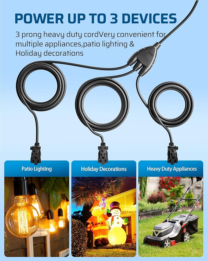 DEWENWILS Outdoor Extension Cord Multiple Outlets 45ft, Evenly Spaced 3 Outlets Plugs with Safety Cover, 16/3 SJTW Weatherproof Wire for Lights Holiday Decorations