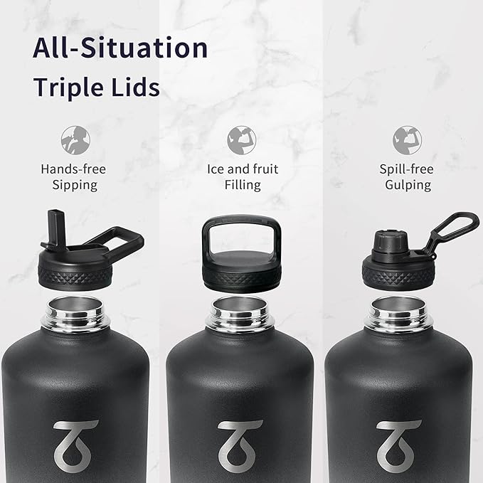 Trebo One Gallon Water Bottle Insulated with Paracord Handle,128oz Stainless Steel Sports Large Jug Food-grade Triple Wall Vacuum with Straw Spout Handle Lids, Leakproof Keep Cold & Hot, Dark Gray