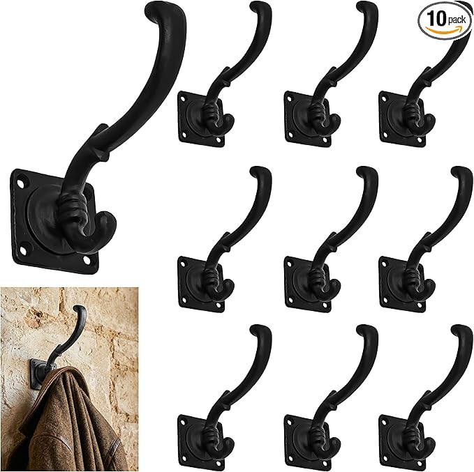 Mystic Colonial Medieval Wall Hooks Hand-Forged Black Coated | Rustic Heavy-Duty Hangers for Coats, Cloaks, Keys & Home Decor - Pack of 10
