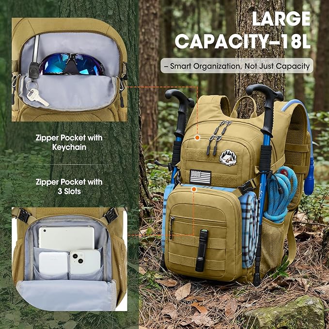 RAINSMORE Tactical Hydration Backpack 18L with 2L Water Bladder & Rain Cover, Insulated Molle Hiking Daypack, Lightweight Waterproof Ripstop Water Pack for Outdoor Cycling, Hiking