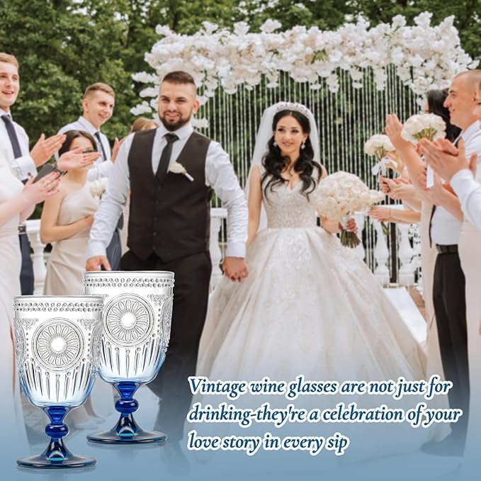 XUWAIDSGN 12Pcs Plastic Vintage Wine Glasses 13.5oz Reusable Embossed Goblet Glasses Blue Gradient Retro Wine Glassware Unbreakable Stemmed Champagne Water Cups for Wine Cocktail Juice Wedding
