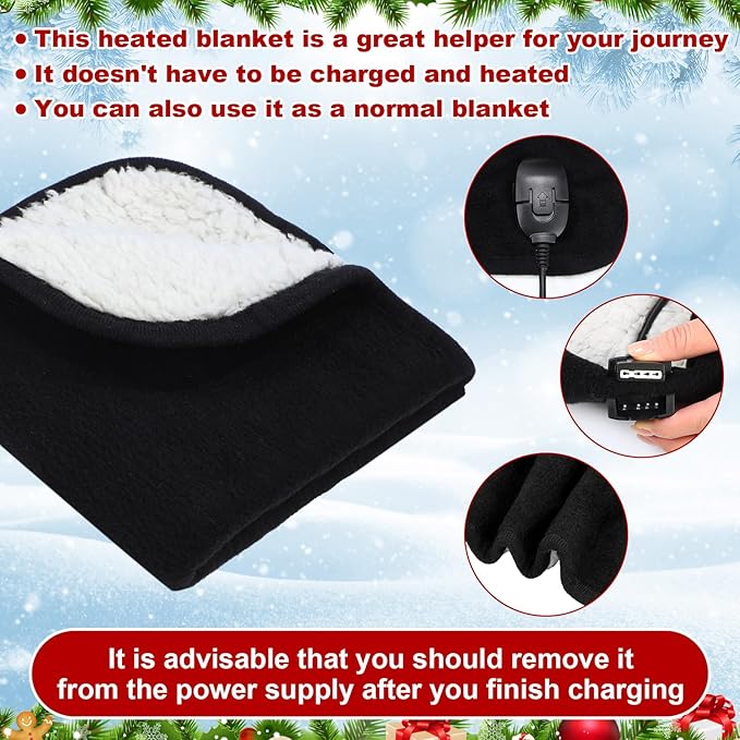 Tuanse 16 x 16 Inches Car Electric Blanket 12 Volt Heated Car Blanket with Temperature Controller and Black Storage Bag Cold Weather Tailgating and Emergency Kit(Black White Cotton,Blank)