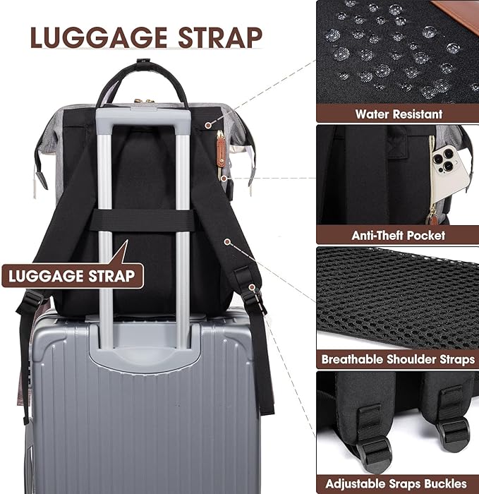 Focdod Laptop Backpack 17.3 Inch Womens Professional Purse Computer Bag Nurse Teacher Backpack College Work Bags Carry on Travel Back Pack with USB Port Black-Grey-Brown
