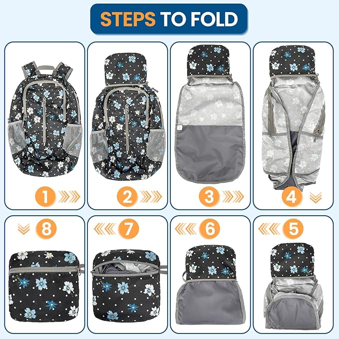 ZOMAKE Ultra Lightweight Packable Backpack 25L - Foldable Hiking Backpacks Water Resistant Small Folding Daypack for Travel(Black,Floral pattern)