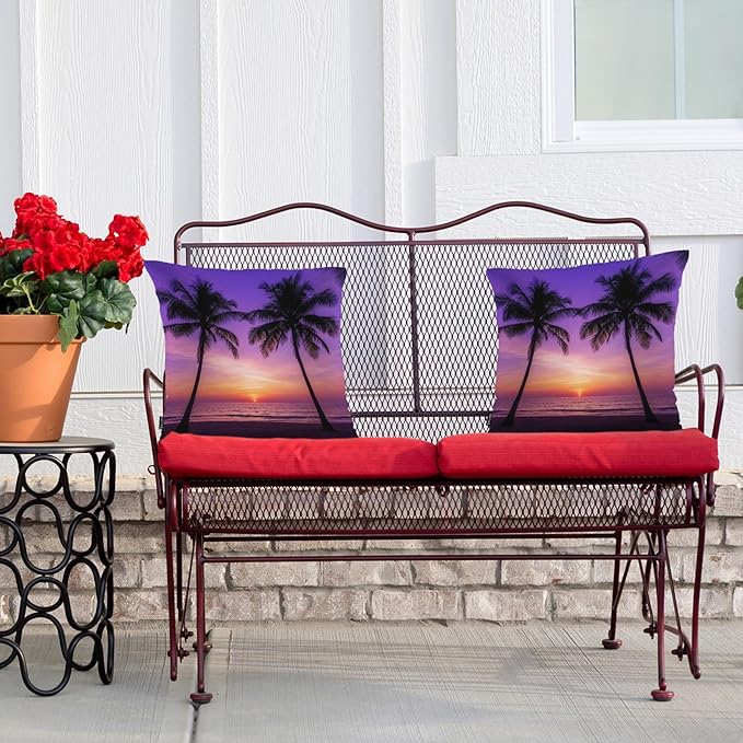 Swono Tropical Beach Throws Pillows Covers for Couch, Sunset Ocean Beach Palm Trees Decorative Pillow Cases for Men Women, Comfortable Pillow Cushion Cover Pack of 2 18"X18" for Home Sofa Bed Purple