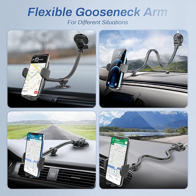 OQTIQ 13" Gooseneck Car Phone Mount – Windshield & Dashboard Holder with Strong Suction Cup, Anti-Shake Stabilizer, One-Button Release – Compatible with iPhone 17/16/15/14 and All Smartphones