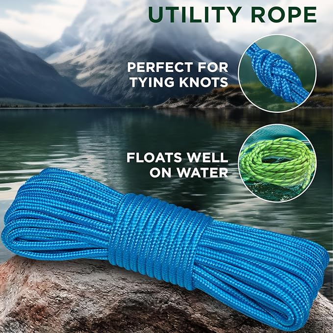 TECEUM Rope – 90 Feet x 1/4 Inch (7mm) – Sky Blue – Strong All-Purpose Utility Rope – Camping, Crafting, Flag Pole, Indoor & Outdoor – Polypropylene Nylon Poly Lightweight Diamond Braided Cord