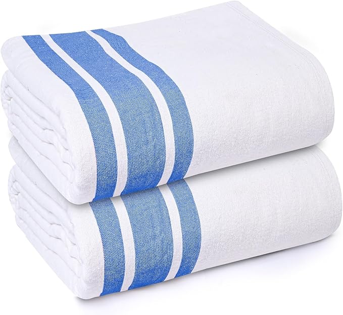 Linteum Textile Cotton Blended Hospital Patient Bath Blanket, Bed Bath Sheet, Twin Blanket Lightweight Sheet Blankets 70x90 in, 1.75 lb. White with Blue Stripes [2 Pack]