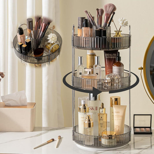 Rotating Makeup Organizer for Vanity, High-Capacity Skincare Clear Make Up Storage Perfume Organizers Cosmetic Dresser Organizer Countertop 360 Spinning (Gray, New-3 Tier)