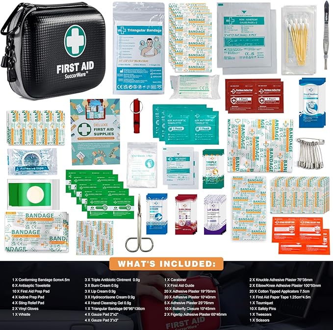 SuccorWare 150 Pieces Mini First Aid Kit - Small Medical Kit with Hard Shell - Emergency First Aid Kit for Car, Travel, Home, Outdoor, Office, Camping, Hiking (Black)