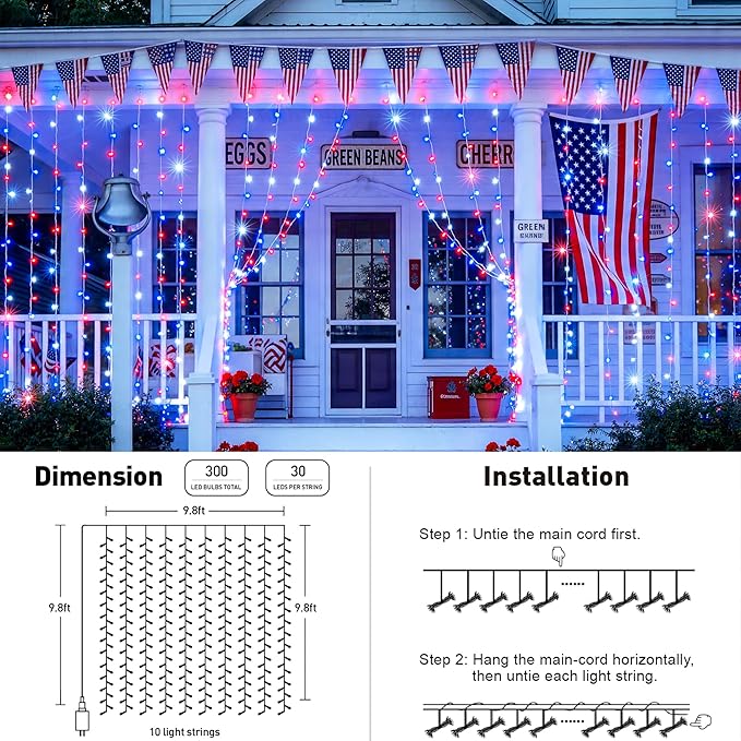 JMEXSUSS 300LED Red White and Blue Lights with Remote, 4th of July Lights Plug in, Patriots Curtain Hanging String Lights for Bedroom Wall Window Backdrop Indoor Outdoor 4th of July Decor, 9.8x9.8ft
