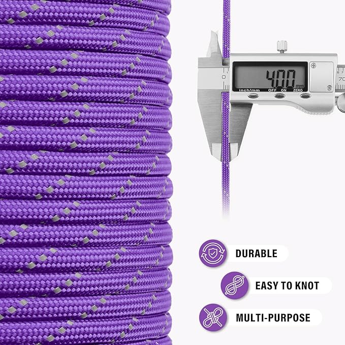 Reflective Paracord Rope 750 lb - 1000ft 5/32" Parachute Cord 4MM 12-Strand para Cord - Heavy Duty Spool String for Survival,Camping Gear, Survival Bracelet, Clothesline - Purple