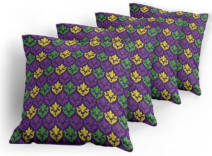 Ambesonne Mardi Gras Decorative Throw Pillow Case Pack of 4, Antique Old Fashioned Motifs in Mardi Gras Holiday Colors Tile Pattern, Cushion Cover for Couch Living Room Car, 18", Yellow Purple