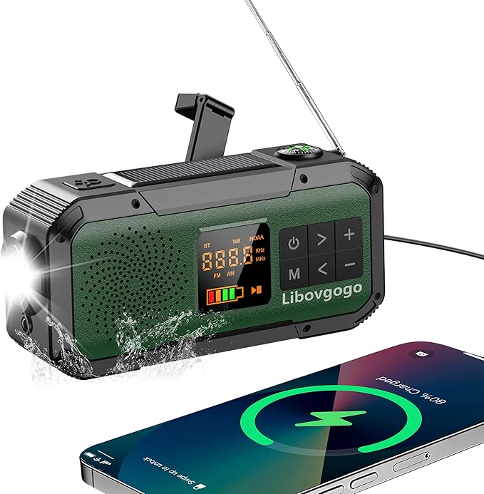 Emergency Radio Waterproof Bluetooth Speaker,Portable Digital AM FM Radio with 2000mAH Cell Phone Charger,Flashlight,Hand Crank NOAA Weather Radio with Solar Panel,Emergency Survival Kit (Deep Green)