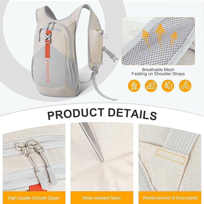 FIORETTO 10L Hiking Backpack for Women Men Mini Packable Backpack Lightweight Small Daypack for Camping Travel Outdoor, Beige