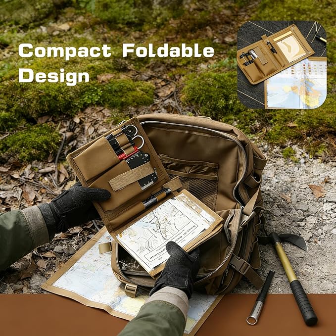 Waterproof Map Case for Land Navigation Kit - Khaki Tactical Military Pouch, Oxford+TPU, Foldable with Clear Window for Outdoor Activities,