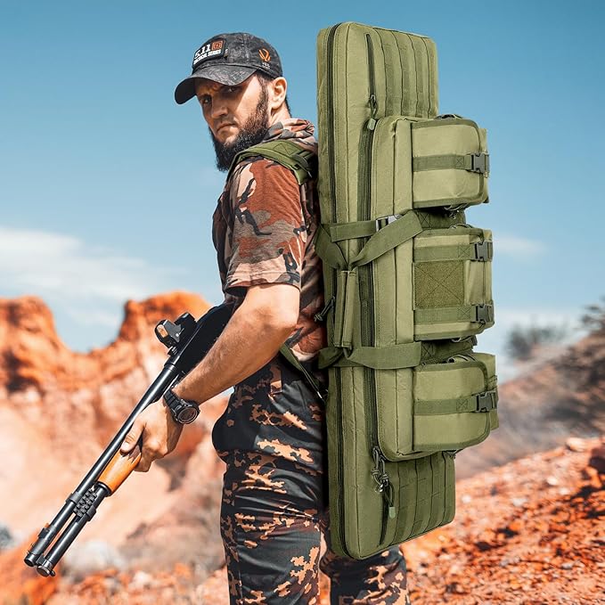 DULCE DOM 36 42 48 Inch Double Rifle Case, Tactical Soft Padded Backpack for Hunting & Shooting Range, Heavy-Duty Storage Gun Bag for 2 Rifles & Pistols with Lockable Zippers & MOLLE System