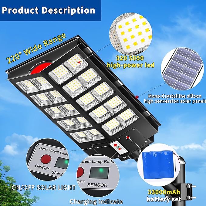 Ofuray Solar Street Lights Outdoor,Solar Security Flood Lights Parking Lot Lights Commercial Dusk to Dawn, 6500k Waterproof Led with Remote Control Motion for Street,Court,Barn (Of-6000W 600000Lm)