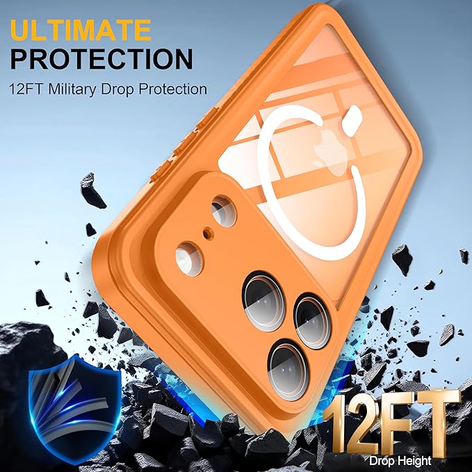 ANTSHARE for iPhone 17 Pro Case, Compatible with Magsafe, IP68 Waterproof Case, [Built-in Screen Protector] - 12 FT Military Dropproof - Full Body Heavy Duty Rugged Phone Cover - Orange/Clear