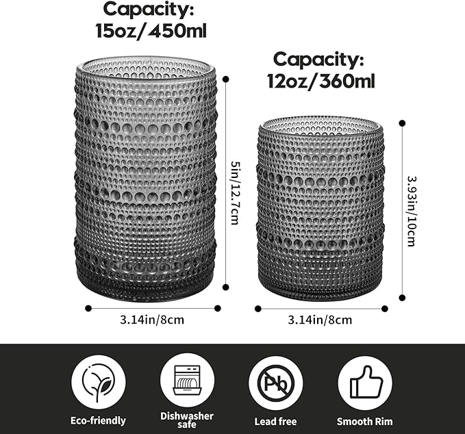 HomeVogue Hobnail Drinking Glasses Set of 12, 12oz & 15oz Vintage Glassware Set Cocktail Glass Set, Embossed Gray Water Tumbler,for Beer, Whiskey,Juice and Various Mixed Drinks