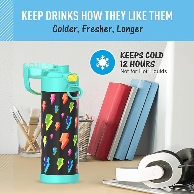 THERMOS FUNTAINER 16 Ounce Stainless Steel Vacuum Insulated Bottle with Wide Spout Lid, Lightning Bolt Girl