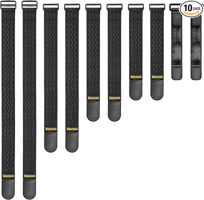 Trilancer Elastic Cinch Straps with Anti-Slip Strips, 5 Size Combo(10-Pack) Heavy Duty Hook and Loop Storage Straps for Extension Cords,Cables, Ropes, Hoses, Bike, RV, Pant Garters,Garage Organization