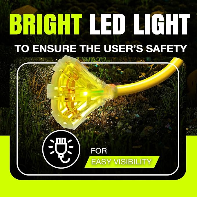 10ft Outdoor/Indoor Extension Cord 3-Outlet 12/3 Gauge Extra Heavy Duty 3 Prong SJTW, Waterproof, Flexible Cold-Resistant Long Power Cord,15A 125V 1875W, Yellow by LifeSupplyUSA