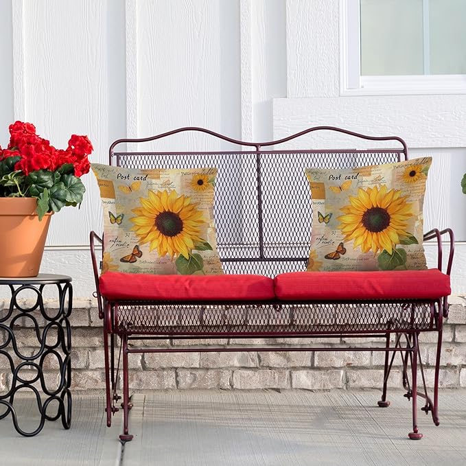 Swono Sunflower Set of 2 Decorative Throw Pillow Covers Cushion Case, Vintage Sunflowers Butterflies Farmhouse Pillowcase Cozy Pillow Cover for Couch Sofa Bed Garden Chair Car 18 X 18 Inch